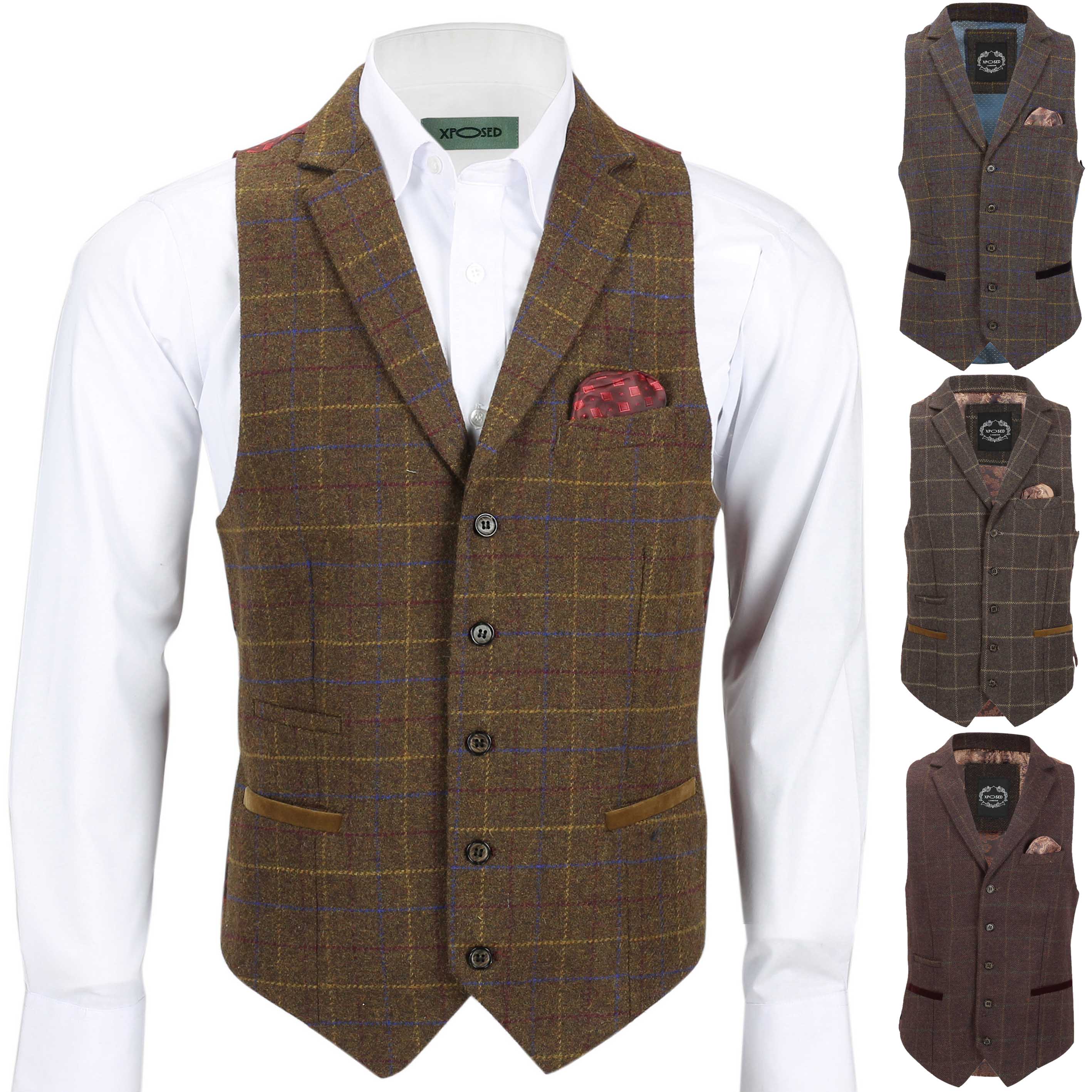 Mens Tweed Check Waistcoat Vintage Herringbone VelvetCollar Lapel Slim
